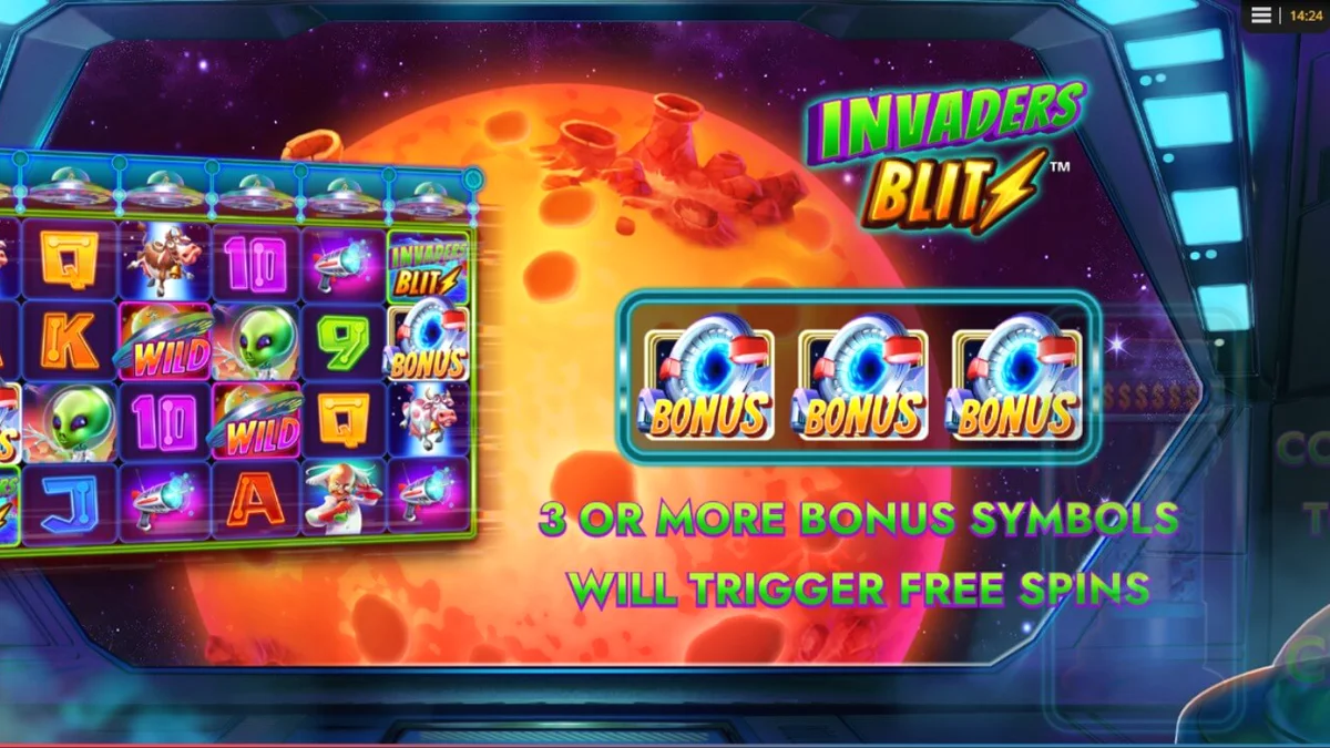 Tampilan layar permainan slot Invaders Blitz dengan tema invasi alien dan sapi luar angkasa.