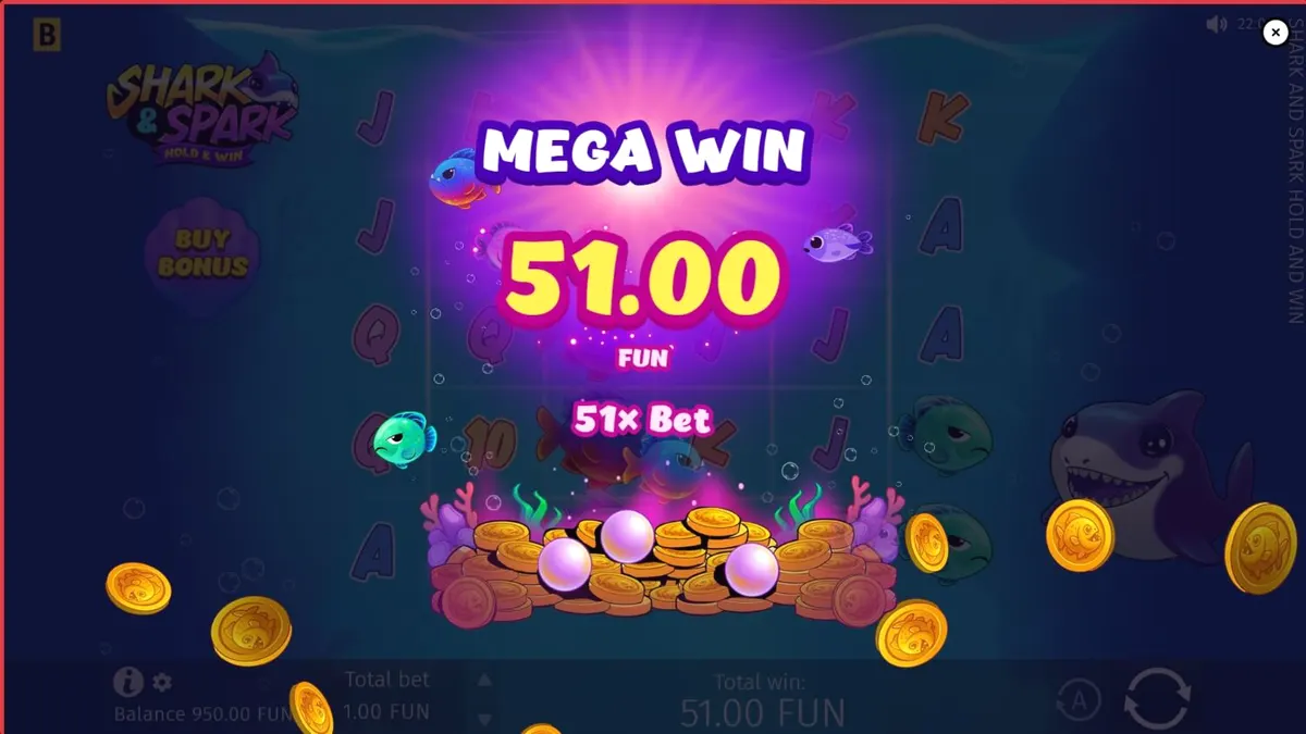 Tampilan antarmuka seluler slot Shark & Spark Hold & Win dengan Little Shark yang ceria
