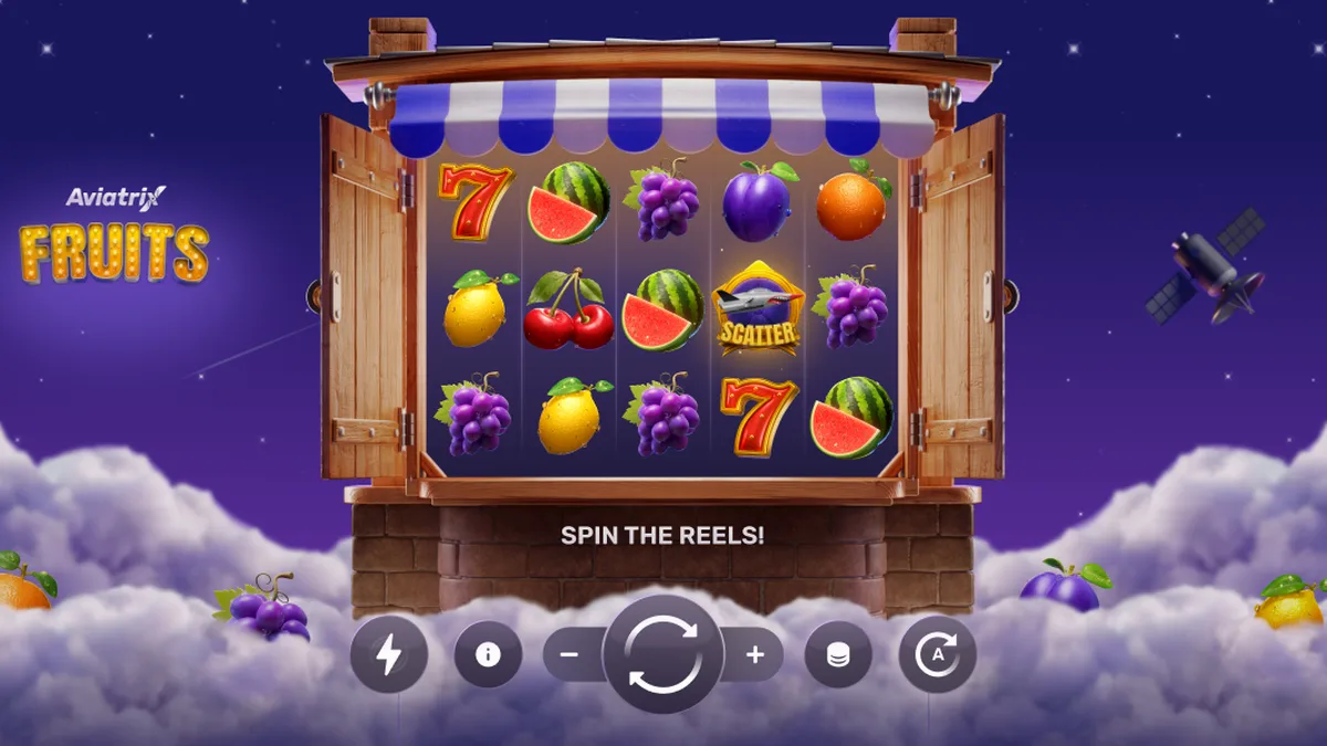 Tampilan visual permainan slot Aviatrix Fruits dengan elemen pesawat kustom.